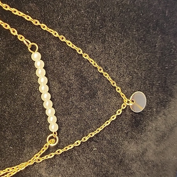 Pearl Faux Bar Gold Tone 3 Strand Layered Necklace - Picture 2 of 4